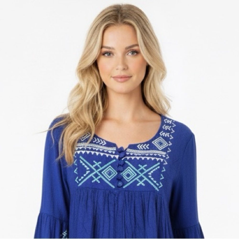 Patrons of Peace small blue boho embroidered top